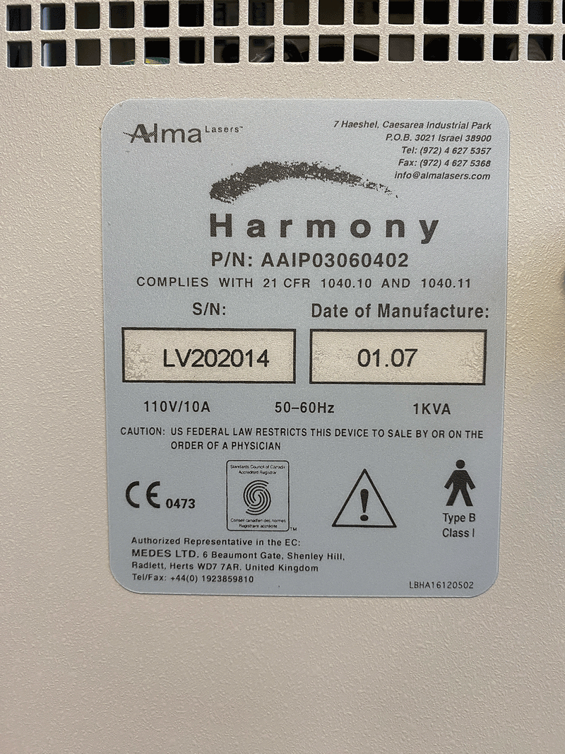 Picture of the label for 2007 Alma Harmony Laser Machine