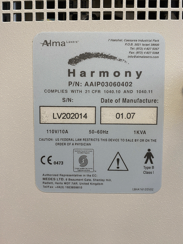 Picture of the label for 2007 Alma Harmony Laser Machine