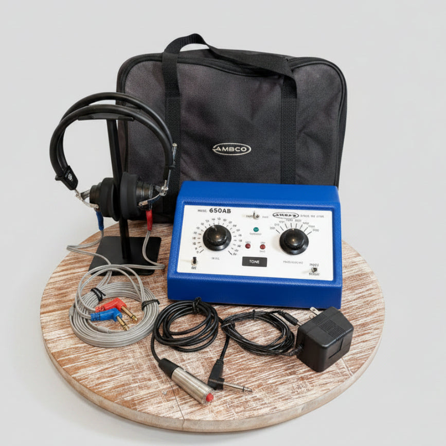 A 4MBCO 650S audiometer kit displayed on a round wooden tray, including black headphones, gray and red electrode leads, a black power adapter, and a black carrying bag in the background.