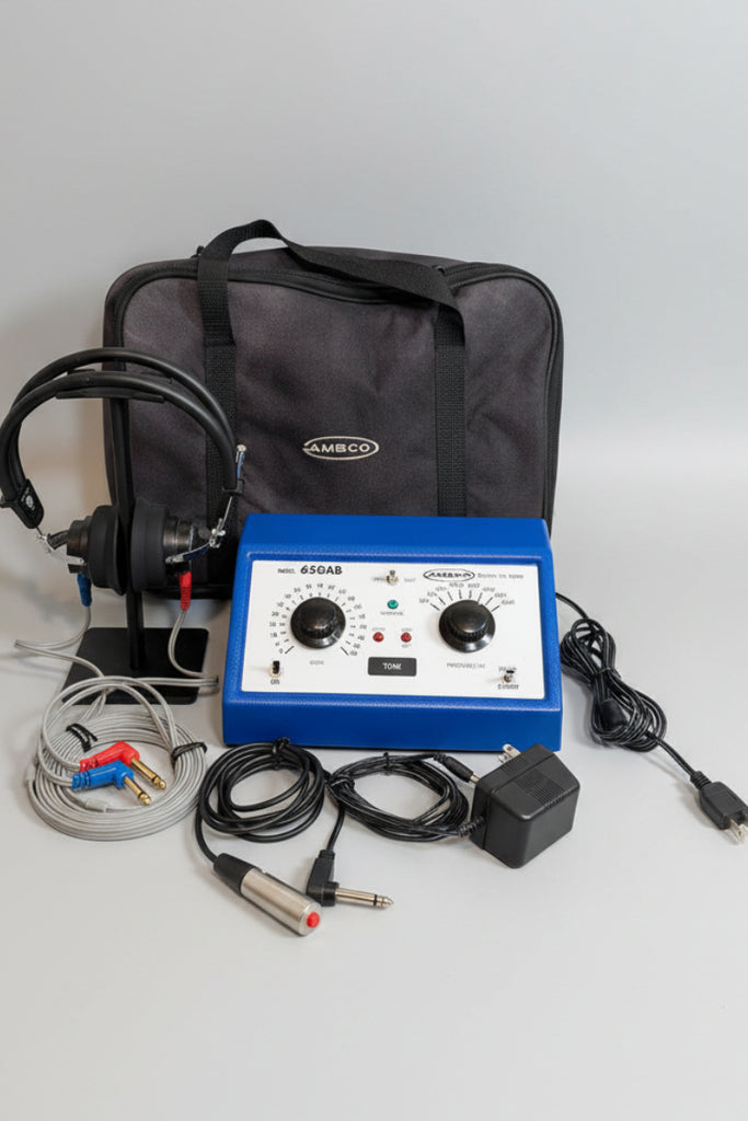A AMBCO audiometer displayed on a round wooden board including black cables, a metal probe, a black carrying bag, and a headset.
