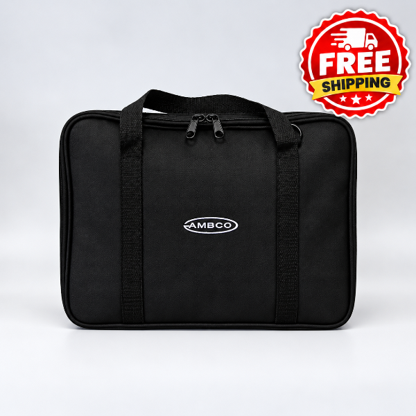 A black AMBCO soft-sided rectangular bag with dual top handles and a front zip closure, shown on a light gray studio background. A red and yellow 'FREE SHIPPING' promotional badge is overlaid in the top-right corner.