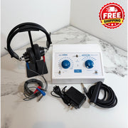 Ambco 650A Portable Screening Audiometer with a white control panel, blue dials, attached black headphones on a stand, electrode leads, power adapter, and a handheld wand, displayed on a white marble-patterned surface against a white wall. A red 'FREE SHIPPING' badge is in the top right corner.