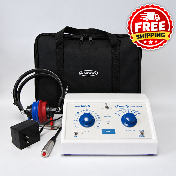 Ambco Model 650A Digital CA-9100 TENS unit with a white control panel, blue and red earpiece, black carrying case, and power adapter on a light gray background, featuring a red 'FREE SHIPPING' badge in the top right corner.
