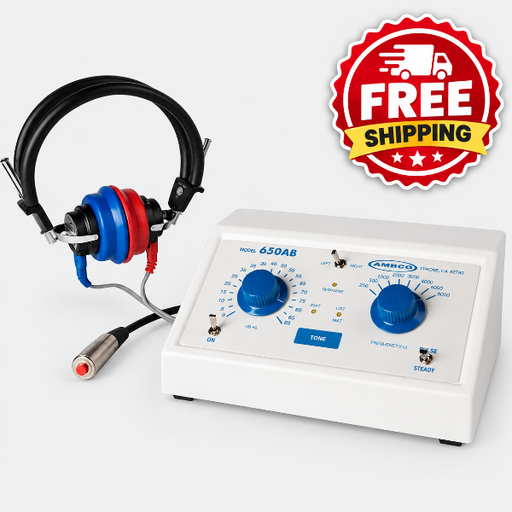AMRCO 650AB audiometer with an attached wired headset, shown on a clean white background with a red and yellow 'FREE SHIPPING' badge in the top right corner.