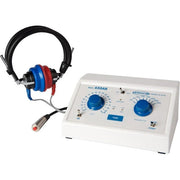 Ambro 650AB audiometer with white control panel, blue and red circular electrode components, and attached black cables on a white background.