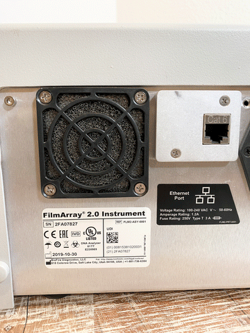 Picture of the lable behind BIOFIRE FilmArray 2.0 MultiPlex PCR System FLM2-ASY-0001