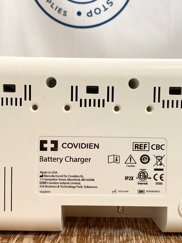 Close up label view picture of Covidien CBC Battery Charger SCG Sonicision 4 Bank IP2X Intertek