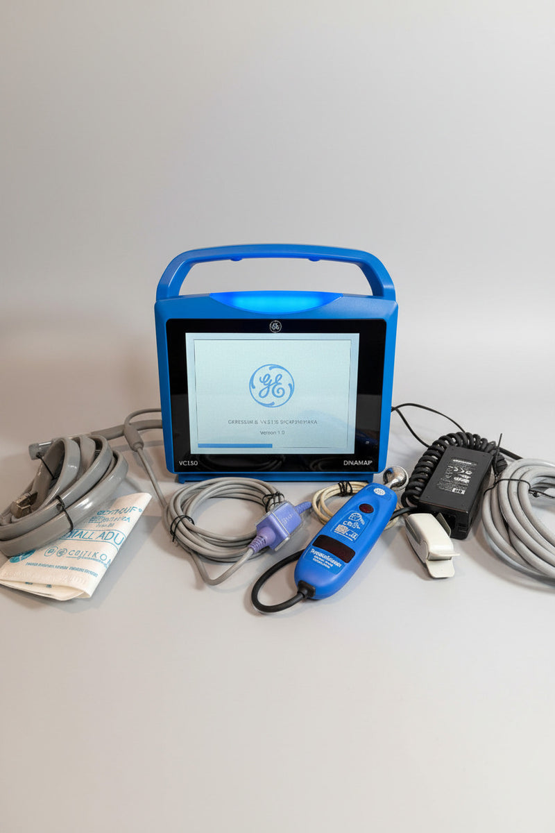 Blue GE Carescape Dinamap VC150 Vital Signs Monitor device with screen on a wooden surface, surrounded by cables and connectors, with GE logo.