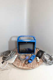 Blue GE Carescape Dinamap VC150 Vital Signs Monitor device with cables and connections.