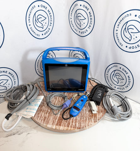 Blue GE Carescape Dinamap VC150 Vital Signs Monitor device with cables and connections.