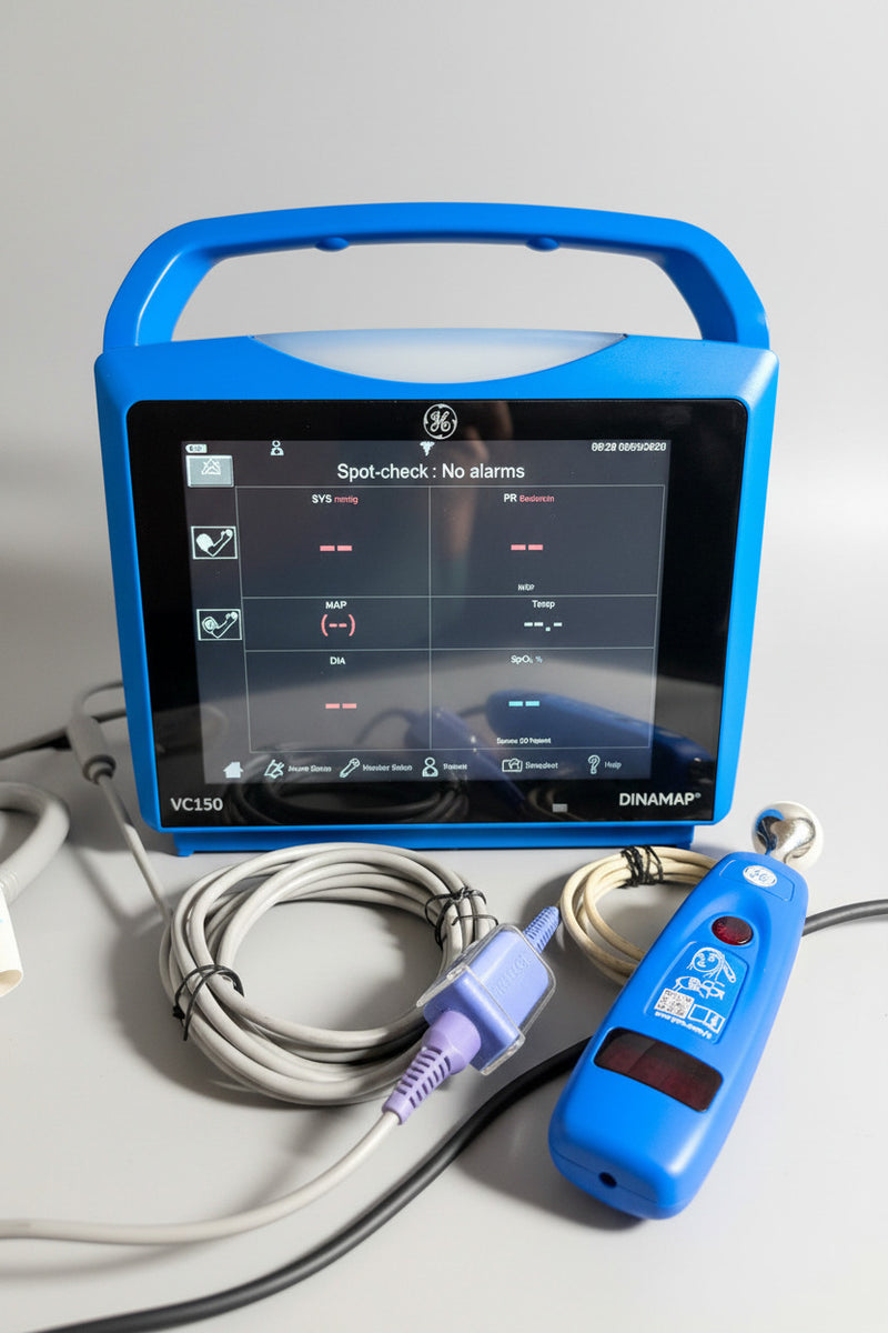 Blue GE Carescape Dinamap VC150 Vital Signs Monitor medical device with screen on a wooden surface, surrounded by cables and equipment.