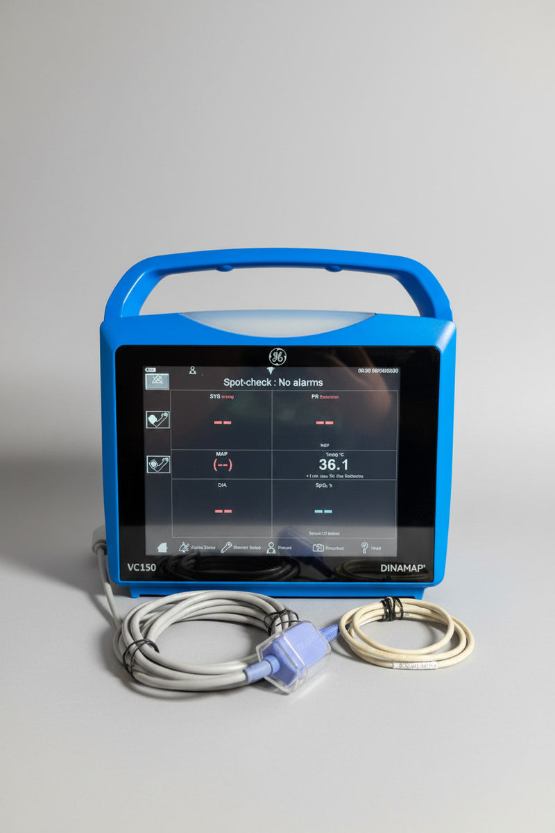 Blue GE Carescape Dinamap VC150 Vital Signs Monitor device with screen displaying readings on a wooden surface.