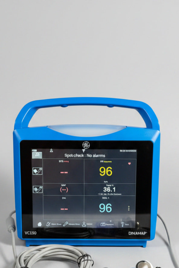 Blue GE Carescape Dinamap VC150 Vital Signs Monitor medical device with GE logo on a wooden surface.
