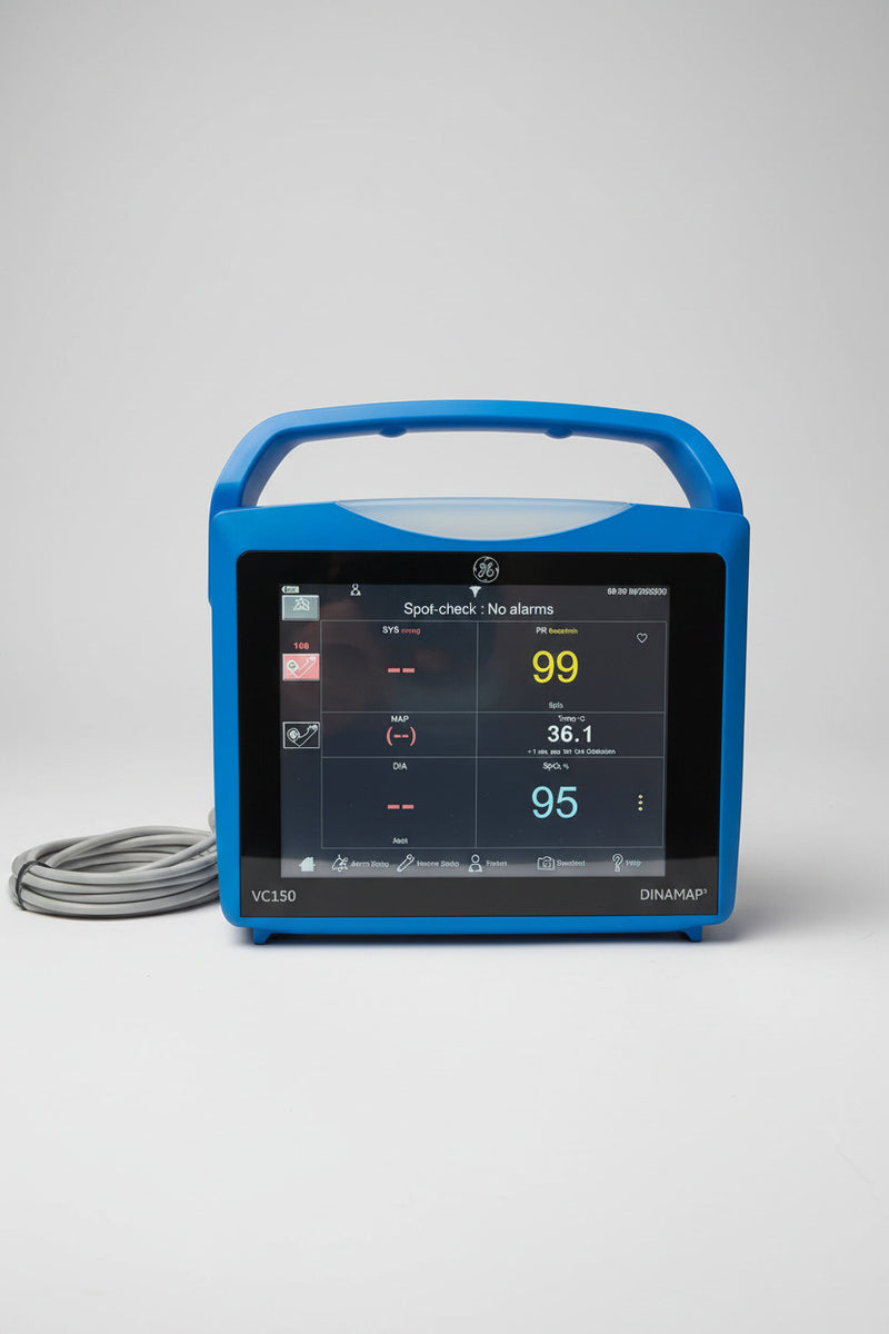 Blue GE Carescape Dinamap VC150 Vital Signs Monitor device with digital display on a wooden surface