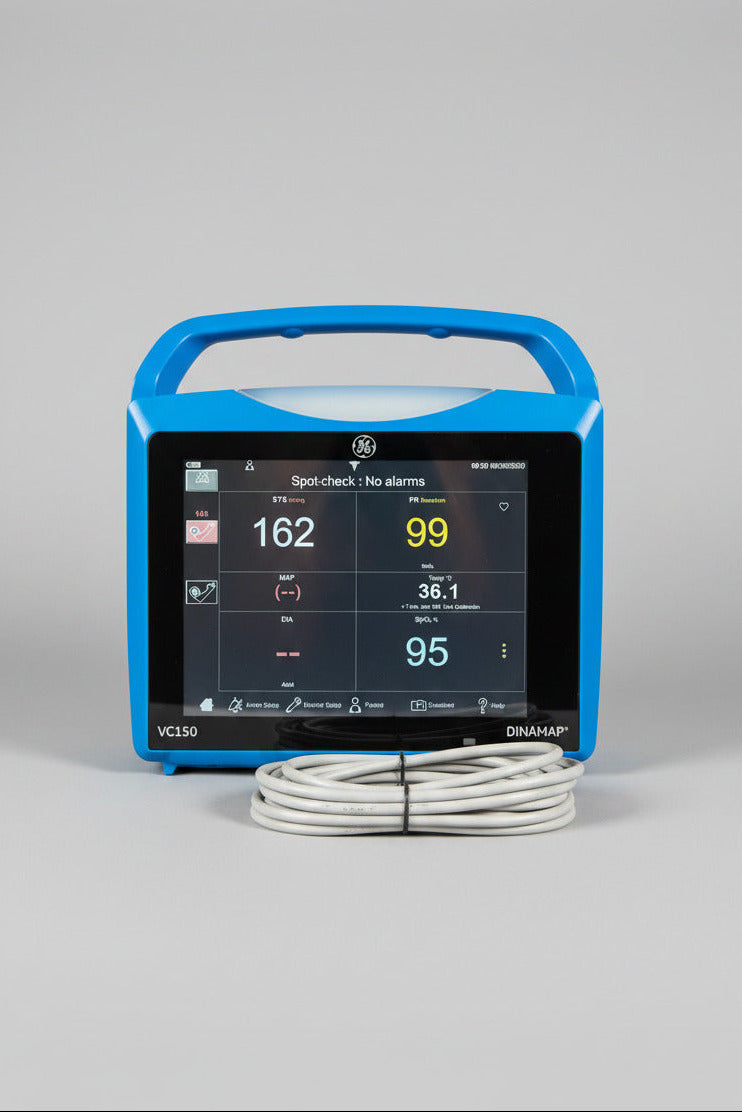 Blue GE Carescape Dinamap VC150 Vital Signs Monitor device with digital display on a wooden surface, branded 'GE' and 'Dinamap'.
