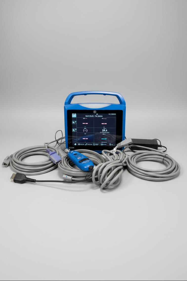 A VitalSigns VC150 portable blood oxygen monitor with a blue handle and screen, displayed on a round wooden tray with attached gray cables, a blue handheld controller, and a black power adapter against a beige wall and white marble surface.