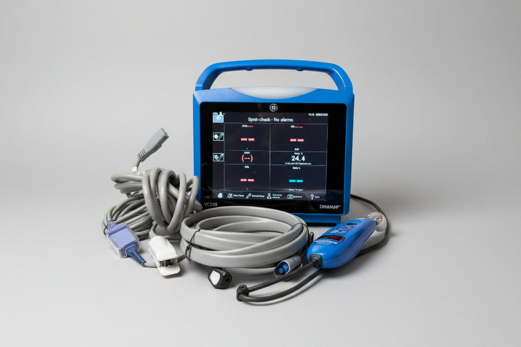 A handheld VitalSigns VC150 portable blood oxygen monitor with a blue handle and screen, shown with coiled gray cables and a matching blue handheld unit on a round wooden tray against a beige wall and marble surface.