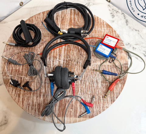 GSI AudioStar Pro Clinical Audiometer  cables and connectors on a wooden surface