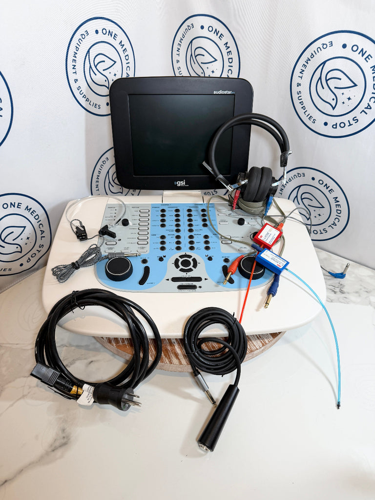 GSI AudioStar Pro Clinical Audiometer with monitor, cables, and headphones