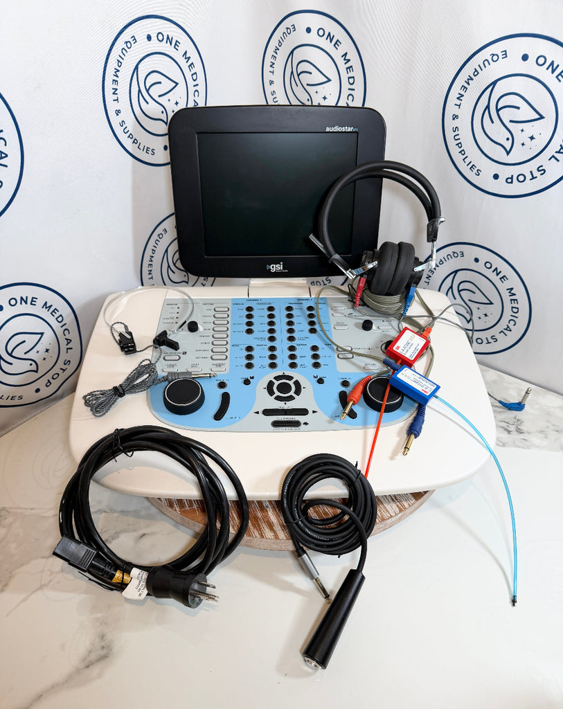 GSI AudioStar Pro Clinical Audiometer with monitor, cables, and headphones