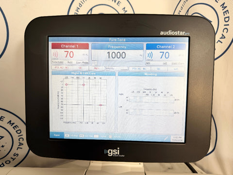 A Gsi audiostar ECG monitor with a black frame and a colorful digital screen displaying channel settings and graphs, set against a white backdrop with circular blue logos.