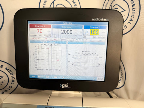A GSI audiostar medical monitor displaying real-time EKG/ECG waveforms and channel settings, positioned in front of a branded white backdrop.