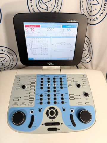 A GSI AudioStar Ultrasound machine  ultrasound machine console with a black display screen showing real-time ultrasound channels, a light blue and gray control panel with black knobs and buttons, and a white base. 