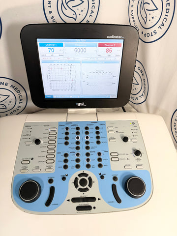 A GSI Audiostar ultrasound machine with a black touchscreen display and a light blue and gray control console, set against a white backdrop with circular medical service logos.