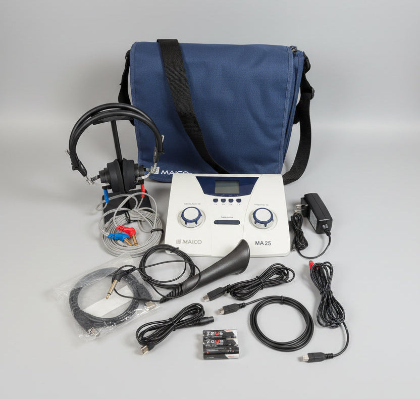 A Maico MA25 device kit displayed on a round wooden tray, including the white and blue control unit, black headphones, speaker, cables, battery, charger, and a blue carrying bag against a white wall.