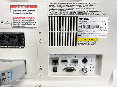 Picture of the label behind a Mindray DP-50 Digital Ultrasound System with 75L38EA Linear Transducer 