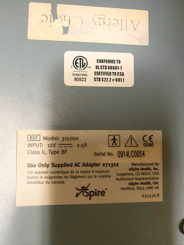Picture of the back lable for NSpire KoKo Legend II Spirometer Model 315000
