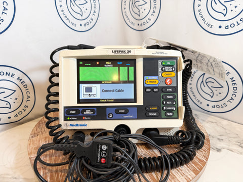 Medical device on a wooden surface with branded background