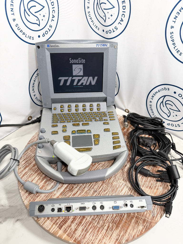 SonoSite Titan ultrasound machine on a wooden platform with visible branding.