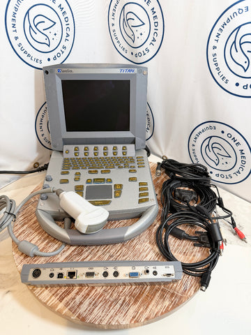 Sonosite Titan Ultrasound machine on a wooden platform with cables and accessories, branded background.