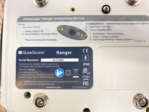 Picture of the label behind Verathon GlideScope Ranger Video Laryngoscope Monitor