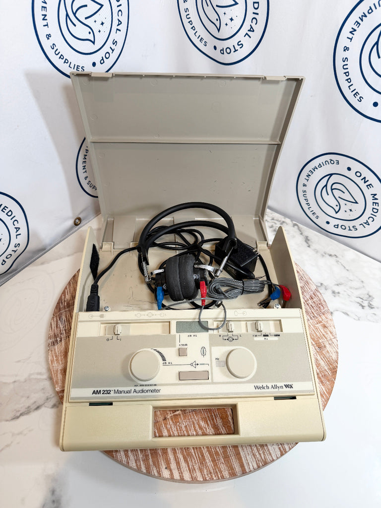 Welch Allyn AM 232 Manual Audiometer with headphones and cables inside box