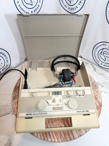 Welch Allyn AM 232 Manual Audiometer with headphones and cables inside box