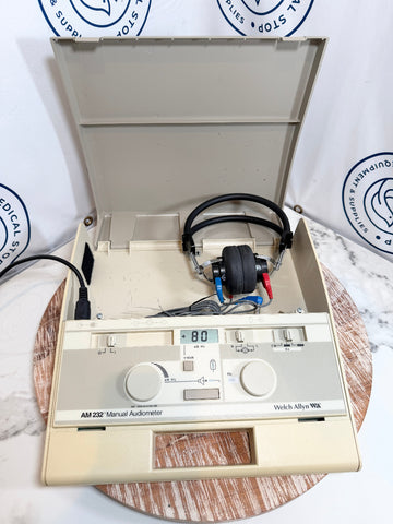Welch Allyn AM 232 Manual Audiometer with headphones and cables inside box
