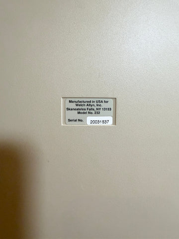 Product label with serial number of Welch Allyn AM 232 Manual Audiometer 