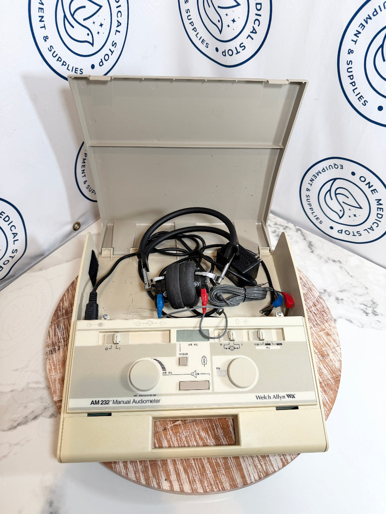 Welch Allyn AM 232 Manual Audiometer with headphones and cables inside box