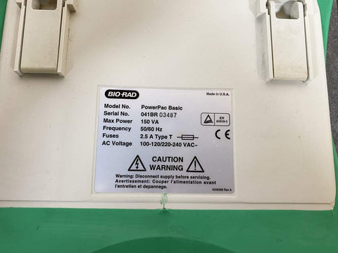 Picture of the label in the bottom of the BIO-RAD PowerPac Basic Electrophoresis Power Supply which it says Model Powerpac basic