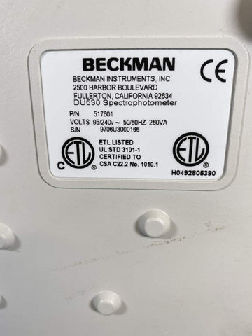 Picture of the label under the Beckman DU-530 Spectrophotometer UV/VIS 