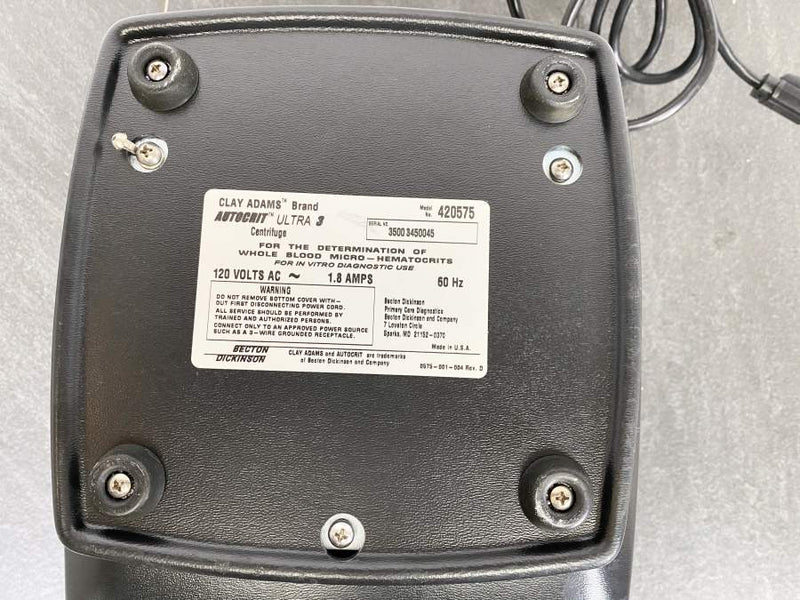 Picture of the label under the Clay Adams AutoCrit Ultra3 Centrifuge