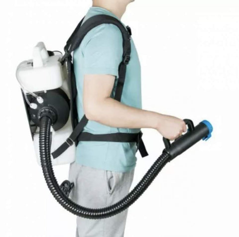 Picture of the person putting on a Electric Backpack Disinfectant ULV Cold Fogger Machine Sanitizer Sprayer 