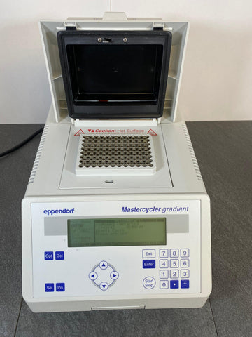 Picture of the Eppendorf Mastercycler Gradient PCR Thermal Cycler w/96 Well Block  with the lid open that shows the well Blocks!
