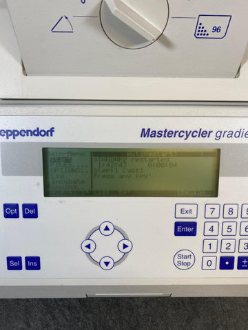 Picture of the front display for Eppendorf Mastercycler Gradient PCR Thermal Cycler that shows power on!