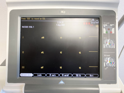 Picture of  the monitor screen for GE Mac 5500HD EKG Machine with Rolling Cart