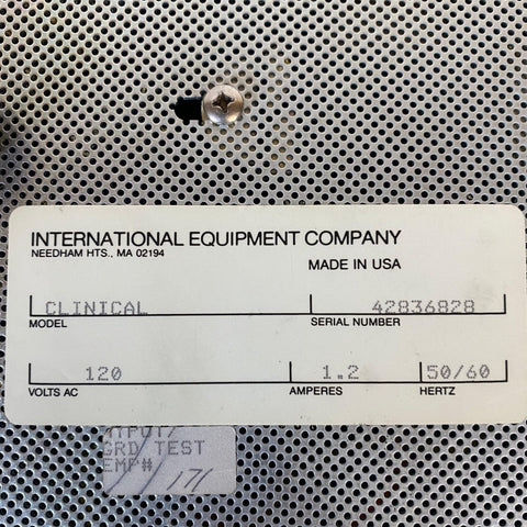 Picture of the label for IEC Clinical Centrifuge Model 428 that shows serial number 42836828