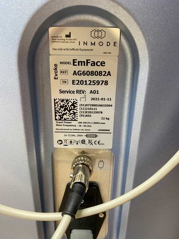 Picture of the label behind a 2021 Inmode Evoke EmFace Facial Remodeling System