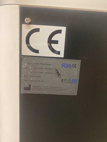 Picture of the label behind a Medicreations MediDiode Professional Laser Hair Removal Machine that shows year 2019